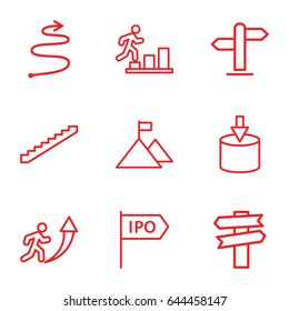 Way icons set. set of 9 way outline icons such as stairs, direction, curved arrow, man going up, flag on mountain