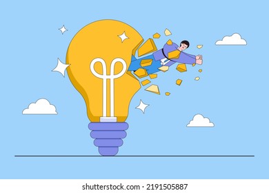 Way to improve creativity of thinking, innovation idea booster, develop imagination to help success, growth mindset, critical thinking concepts. Smart businessman breaking through brightly lightbulb.