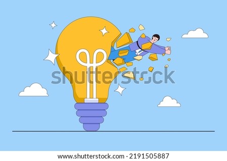 Way to improve creativity of thinking, innovation idea booster, develop imagination to help success, growth mindset, critical thinking concepts. Smart businessman breaking through brightly lightbulb.