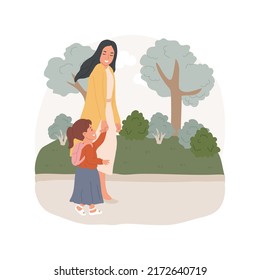 Way to kindergarten isolated cartoon vector illustration. Mother with toddler holding hands, kid wearing small backpack, way to daycare, early education, walking on a sidewalk vector cartoon.