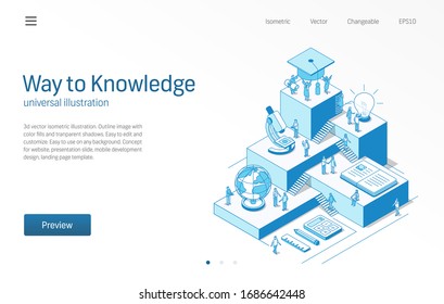 Way to Knowledge. Learning students teamwork. Education system modern isometric line illustration. University courses, school class, book icons. 3d vector background. Growth step infographic concept.