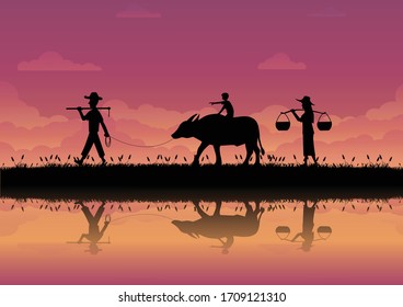 The way of life of farmers in Thailand. silhouette image of the family. farmer boy and his buffalo come back home in the sunset. vector illustration flat