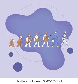 Camino de mono a cyborg o robot Ilustración vectorial plana. La humanidad progresa desde el hombre de las cavernas como antepasado. Teoría de la evolución humana Antropología, realidad e historia