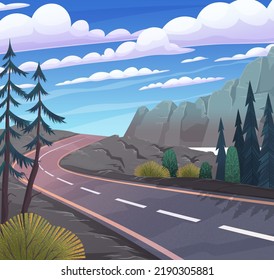 Weg in die Berge. Asphalt leere Straße, lockig gewölbte leere Autobahn in felsigen Sommer Zeit Landschaft. Speedway serpentine Reise szenische Hintergrund mit Pfad in Hügeln und blauer bewölkter Himmel