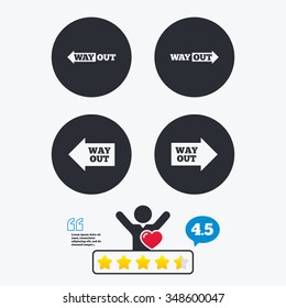 Way out icons. Left and right arrows symbols. Direction signs in the subway. Star vote ranking. Client like and think bubble. Quotes with message.