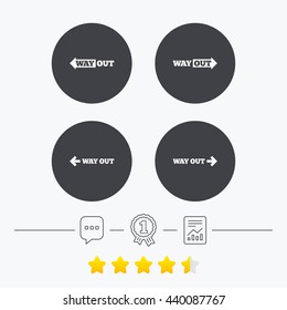 Way out icons. Left and right arrows symbols. Direction signs in the subway. Chat, award medal and report linear icons. Star vote ranking. Vector