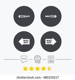 Way out icons. Left and right arrows symbols. Direction signs in the subway. Chat, award medal and report linear icons. Star vote ranking. Vector