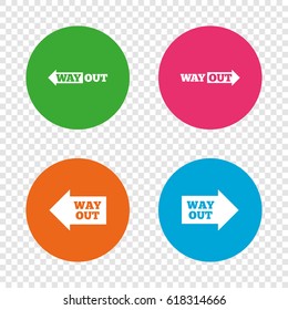 Way out icons. Left and right arrows symbols. Direction signs in the subway. Round buttons on transparent background. Vector