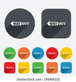 Way out left sign icon. Arrow symbol. Circles and rounded squares 12 buttons. Vector