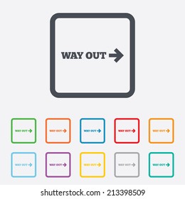 Way out right sign icon. Arrow symbol. Round squares buttons with frame. Vector