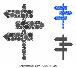 Way pointer composition of round dots in different sizes and color tints, based on way pointer icon. Vector filled circles are organized into blue composition.