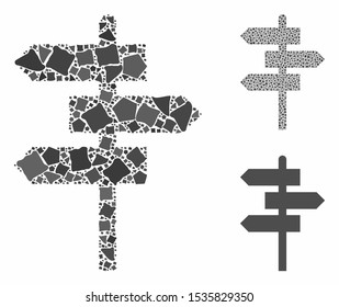 Way pointer mosaic of abrupt parts in different sizes and color tints, based on way pointer icon. Vector raggy parts are organized into illustration. Way pointer icons collage with dotted pattern.