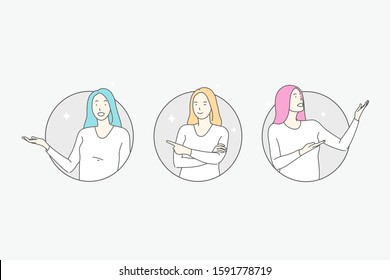 Way pointing, presentation, invitation concept. Advertisement, merchandise promotion, gesticulating girl, young woman indicating direction by hand, female manager. Simple flat vector