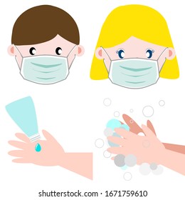 The way protect yourself from COVID-19 or corona virus or flu, wearing protective face mask, washing hands with soap or alcohol gel