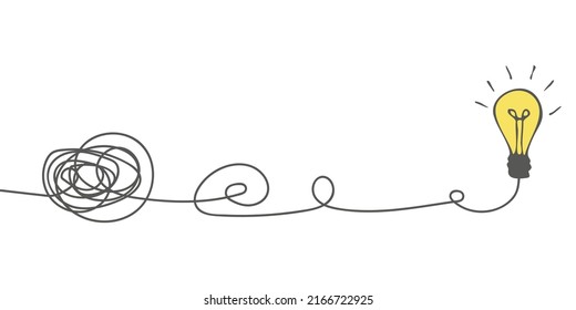 The Way To Solve A Complex Idea. The Concept Of Confusion Turning Into A Light Bulb. Untangle The Curve. Understand The Meaning. Doodle Vector Illustration