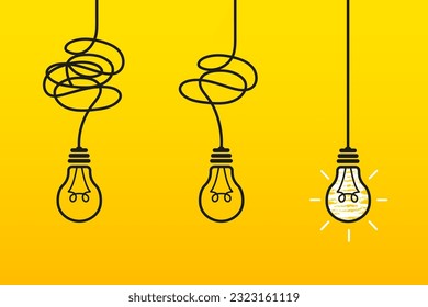 The way to solve a complex idea. The concept of confusion turning into a light bulb. Clarity of thought, brainstorming. Understand the meaning. Doodle. Strategy. Vector illustration