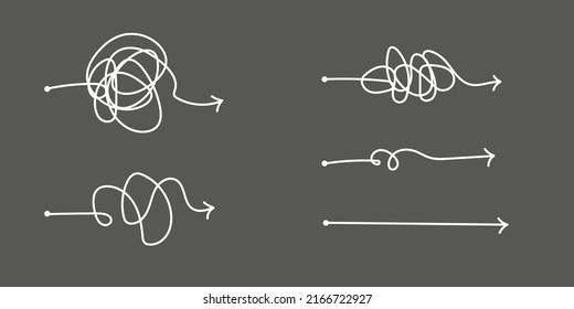 The way to solve a complex idea. Process of understanding. Lines of chaotic doodles with an arrow. Clarity of thought, brainstorming. Doodle vector illustration