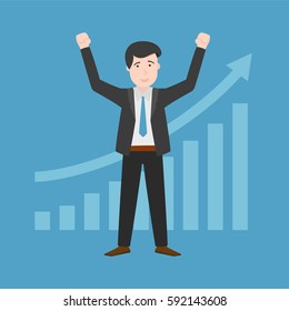 Way To Success Arrow Graph. Young Happy Businessman in a Black Suit Color Flat Character Illustration