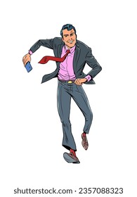 Way to success. Be online in any situation. Achievement of the goal. A man in a suit and red tie runs with a phone. Pop Art Retro Vector Illustration Kitsch Vintage 50s 60s Style. On a white