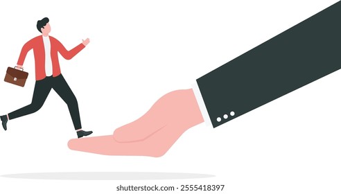 Way to success business concept. Walking forward. Businessman with briefcase walk up on boss hand to the goal. Achievement, Vector illustration flat
