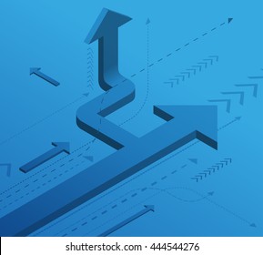 Way to success. Business development concept. Vector isometric illustration. Start up, launch, moving forward to result, communication and cooperation idea, blue grunge flat design 
