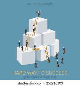 Way to success in business flat 3d web isometric infographic concept vector. Box pyramid with ladders, businesspeople climbing to the top and the winner. Creative people collection.