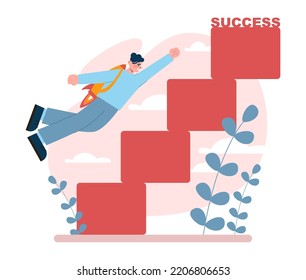 Way to success. Business or personal development journey. Self-growth and career progress in the future. Goal, motivation, hard work and result. Flat vector illustration