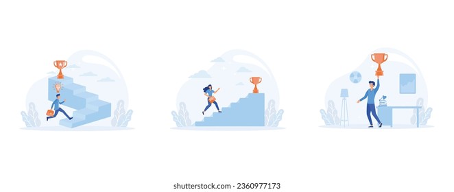 the way up to success. Businesswoman climbing ladder to golden trophy, Success and professional achievement, set flat vector modern illustration