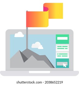Way to success and challenge vector icon. Goal achievement and career growth concept. Mountain summit on laptop screen isolated on white background. Successful online business