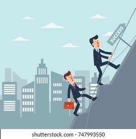 Way to success. Concept of business competition. Man climbing on the rock