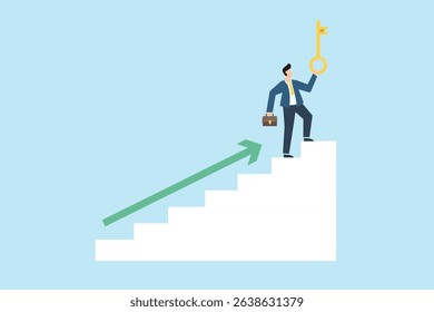 Way to success concept. Businessman Holding Golden Key Standing on Steps with Green Arrow Representing Success and Progress Towards Goals.