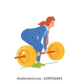 Way To Success Concept With Female Business Character Determined And Focused, As She Lift The Heavy Barbell