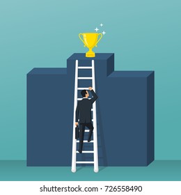 Way to success. Cup standing on pedestal. Businessman climbs up the stairs to victory. Up podium. Vector illustration flat design. Isolated on background. Achieving goal. Man in suit with briefcase.