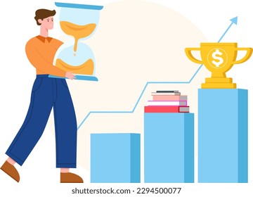 Way to success, educational progress. Achieving goal through time and effort. Man walks towards prize, holding hourglass. Victory statistics. Bar chart of successful development. Vector male character