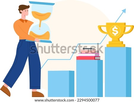 Way to success, educational progress. Achieving goal through time and effort. Man walks towards prize, holding hourglass. Victory statistics. Bar chart of successful development. Vector male character
