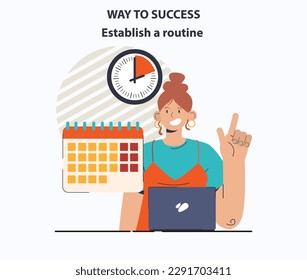 Way to success. Establish your routine for professional or personal development. Self-growth and career progress in the future. Goal, motivation, hard work and result. Flat vector illustration