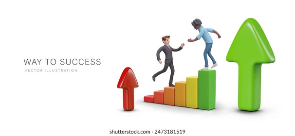 Way to success. Male character helps colleague climb bar chart