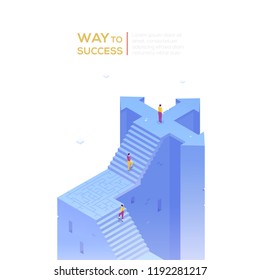 Way to success - modern isometric vector banner on white background with copy space for text. High quality composition with business people climbing up staircase with labyrinth, standing on crossroads