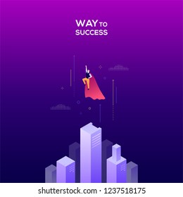 Way to success - modern isometric vector web banner on dark purple background. High quality colorful composition with businessman in superhero cape flying up. Leadership, motivation concept