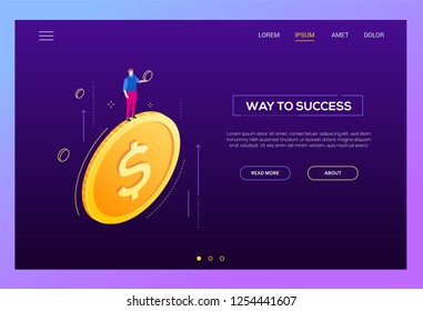 Way to success - modern isometric vector web banner on dark purple background with copy space for text. High quality header with businessman standing on a big dollar coin. Successful business concept