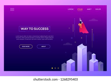 Way to success - modern isometric vector website header purple background. High quality banner, web page with businessman in superhero cape flying up. Leadership, motivation, inspiration concept