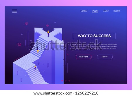 Way to success - modern isometric vector website header on purple background with copy space for text. Web banner with business people climbing up staircase with labyrinth, standing on crossroads