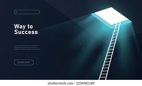 Way to success. Motivation and leadership, high ladder to light. Metaphor of self development and successful career, ambition. Poster or banner for website. Cartoon isometric vector illustration