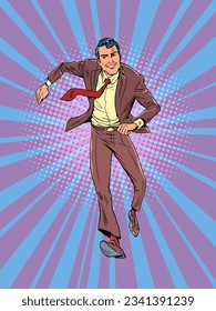 Way to success. Moving forward on the career ladder. Motivation to develop and become a professional. An office worker in a suit is running. Pop Art Retro Vector Illustration Kitsch Vintage 50s 60s