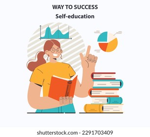 Way to success. Self-education for professional or personal development. Self-growth and career progress in the future. Goal, motivation, hard work and result. Flat vector illustration