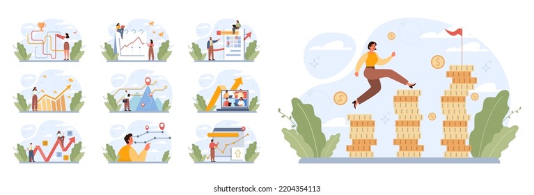 Way to success set. Business or personal development journey. Self-growth and career progress in the future. Goal, motivation, hard work and result. Flat vector illustration