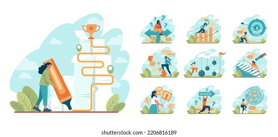 Way to success set. Business or personal development journey. Self-growth and career progress in the future. Goal, motivation, hard work and result. Flat vector illustration