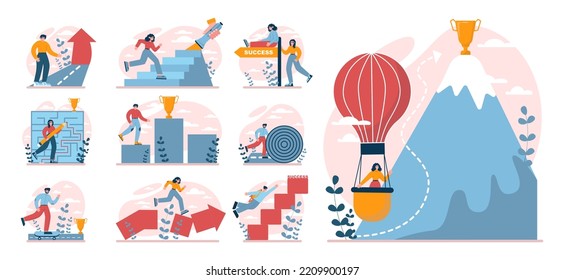 Way to success set. Business or personal development journey. Self-growth and career progress in the future. Goal, motivation, hard work and result. Flat vector illustration