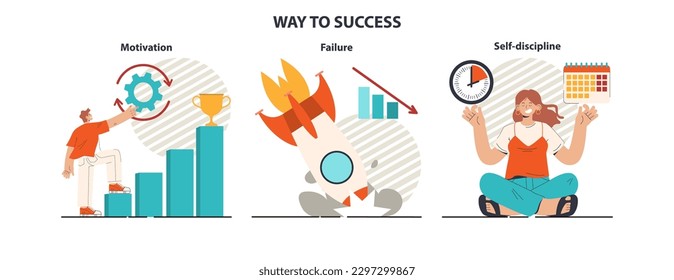 Way to success set. Business or personal development journey. Self-growth and career progress in the future. Goal, motivation, hard work and result. Flat vector illustration