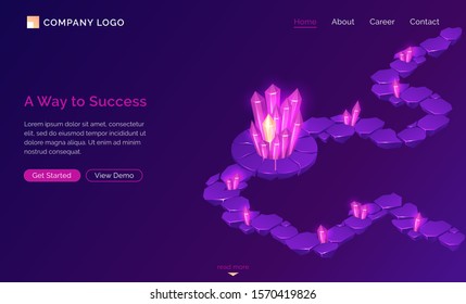 Way to success, vector isometric concept. Fantasy path maze or labyrinth with stone islands and pink crystals. Corporate landing web page template with game design and ultraviolet background